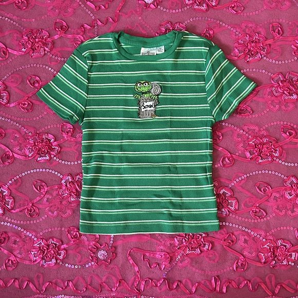 Sesame Street Tops - green striped sesame street ribbed cropped shirt